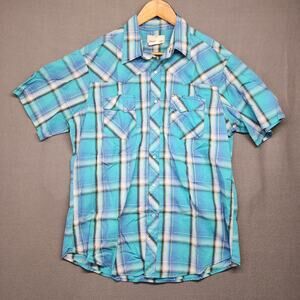 Wrangler Wrancher Pearl Snap Shirt Men Large Blue Plaid Short Sleeve Western